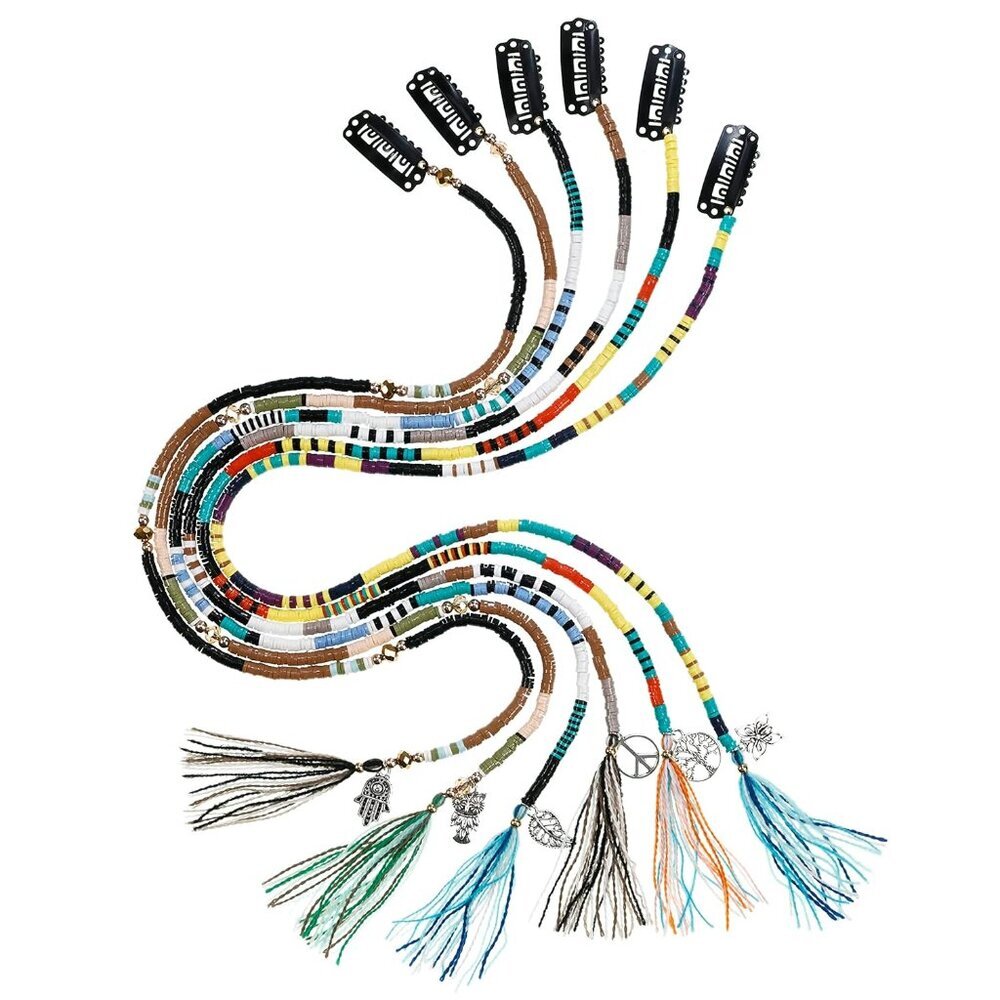 21 Inch Bright Spacer Bead Hair Wrap Set with Tassels, Hair Clips, and Retro Cha